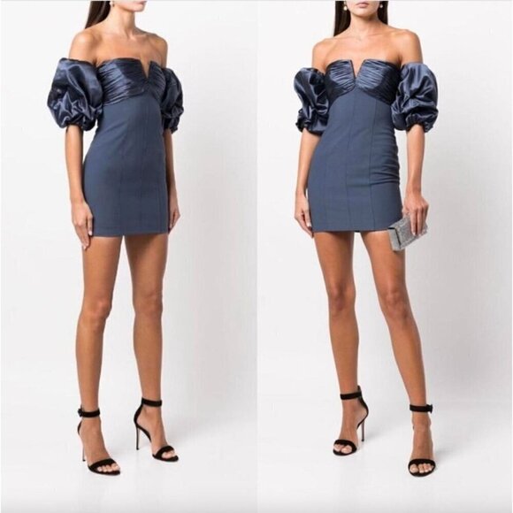 CINQ À SEPT Teo Ruched Satin Sheath Mini Dress Blue Womens Size 14 - Picture 1 of 12